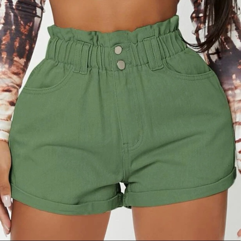 NWOT•SHEIN•army green paperbag waist roll up hem denim size 29